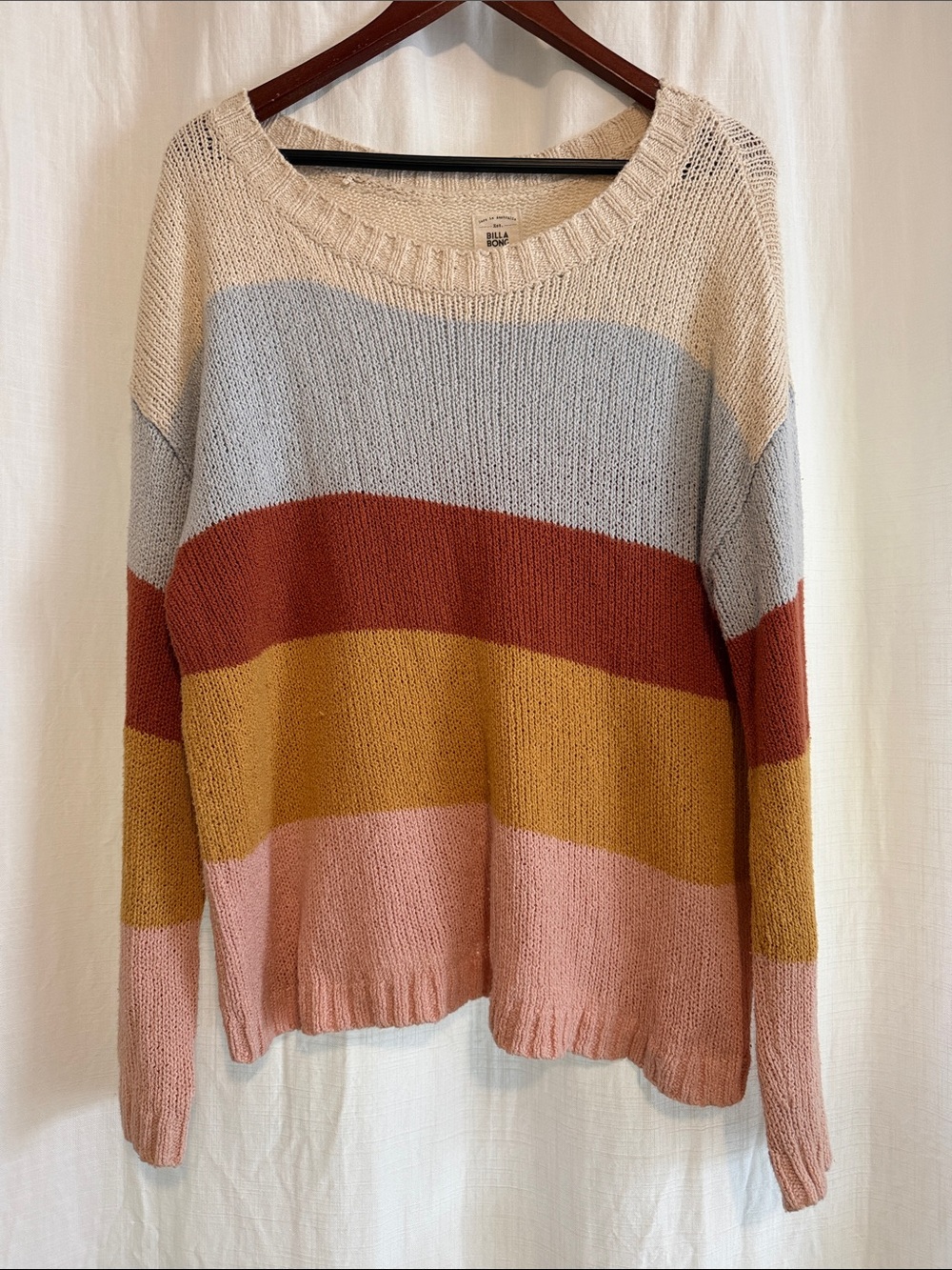 Billabong Scoop Neck Striped Sweater in Cream, Light Blue, Rust, Mustard & Blush